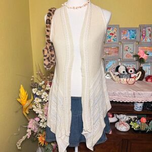 Y2K Cream Knit Sleeveless Cardigan Open Front Boho Pointelle Top S